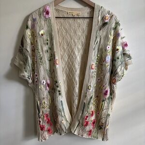 Mesh + Lace Floral Embroidered Pointelle Knit Open Cardigan Cream Medium